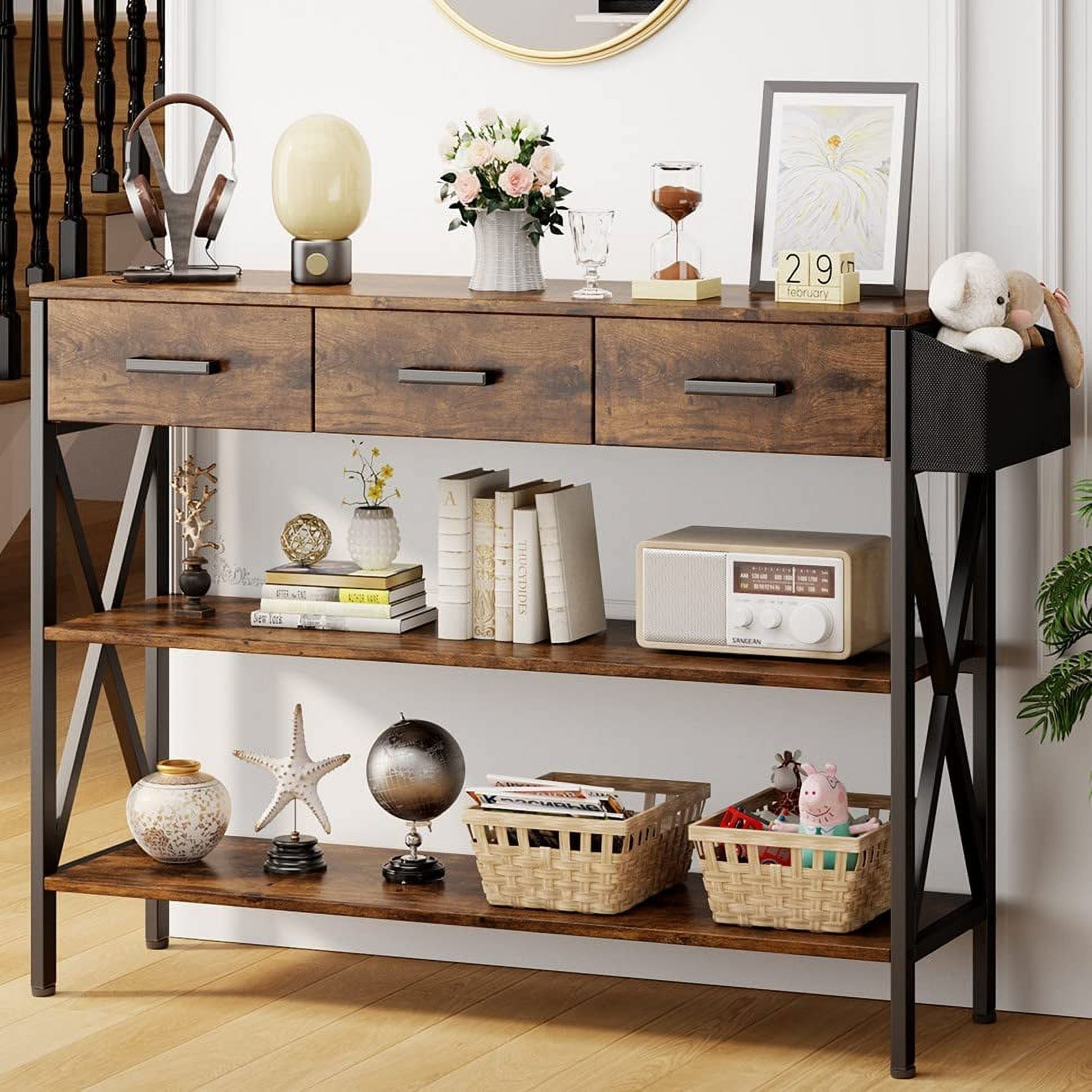 Aiho 47 "L Console Table  with Drawers, Entryway Table with Storage Shelves, Sofa Table for Living Room, Entryway - Rustic Brown