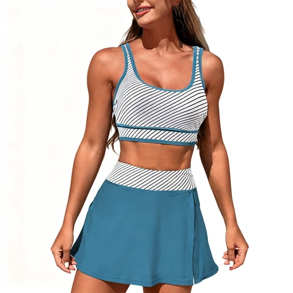 Ecqkame Women's Two Piece Swimsuit High Waisted Tummy Control Color Block Bathing Suit Ruffled Beach Swim Skirt Blue S