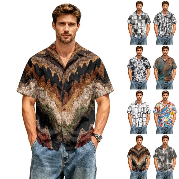 Retro Geometric & Aztec Print Short Sleeve Button Down Shirt for Men, Vintage Cuban Collar Casual Top - Breathable Cotton Linen Blend Summer Beach Vacation Tee with Chest Pocket Black L