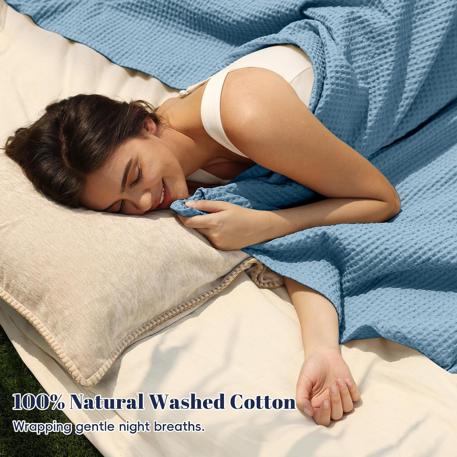 PHF Cotton Waffle Weave Blanket Twin Size for Bed, Lightweight Breathable Blanket for Couch, Home Decor Gift, Dusty Blue, 66"x 90"
