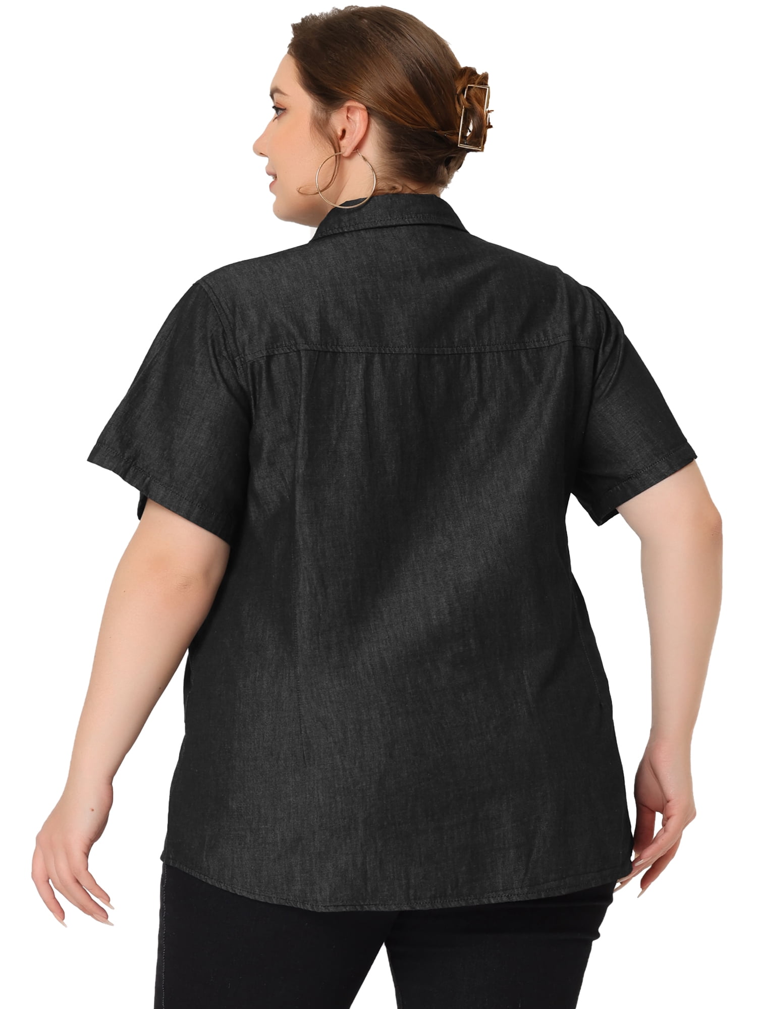 DARING DIVA Women's Plus Blouse Chest Pocket Button Down Demin Shirt 3X Black