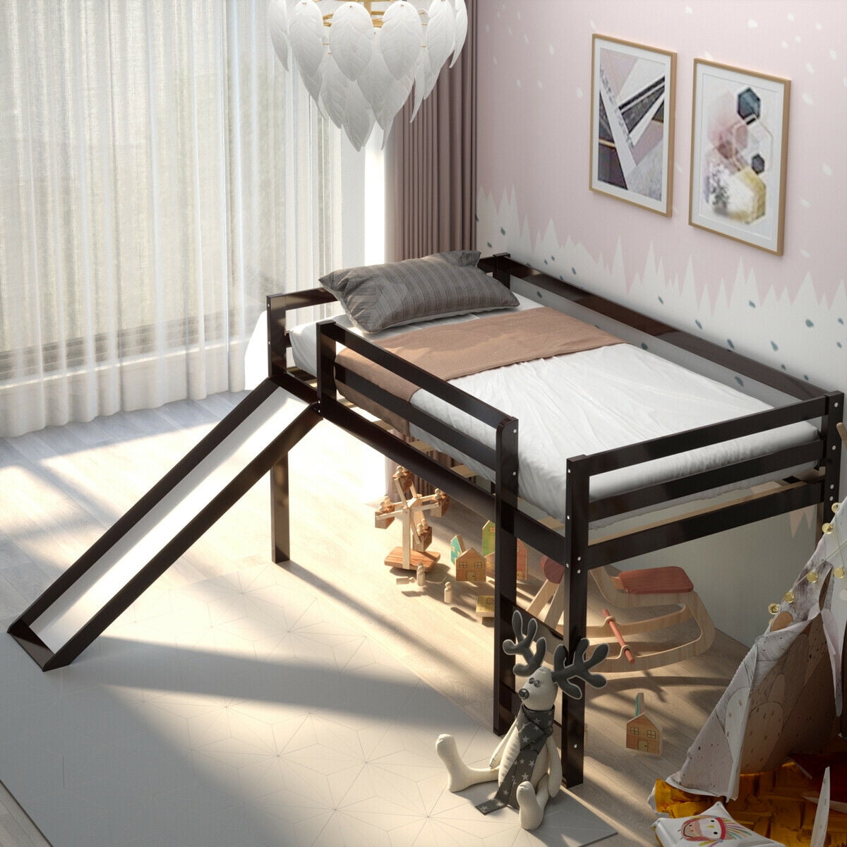 Gymax Twin Size Loft Bed with Slide Wood Low Sturdy Loft Bed for Kids Bedroom Espresso