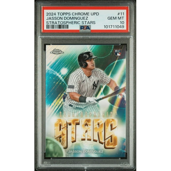 Graded 2024 Topps Chrome Update Jasson Dominguez #11 Stratospheric Stars Rookie RC Baseball Card PSA 10 Gem Mint