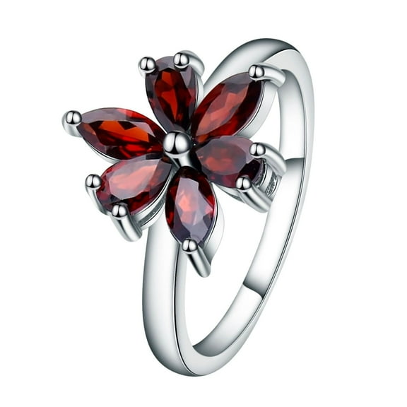 Natural Garnet Flower Ring, 925 Sterling Silver Ring