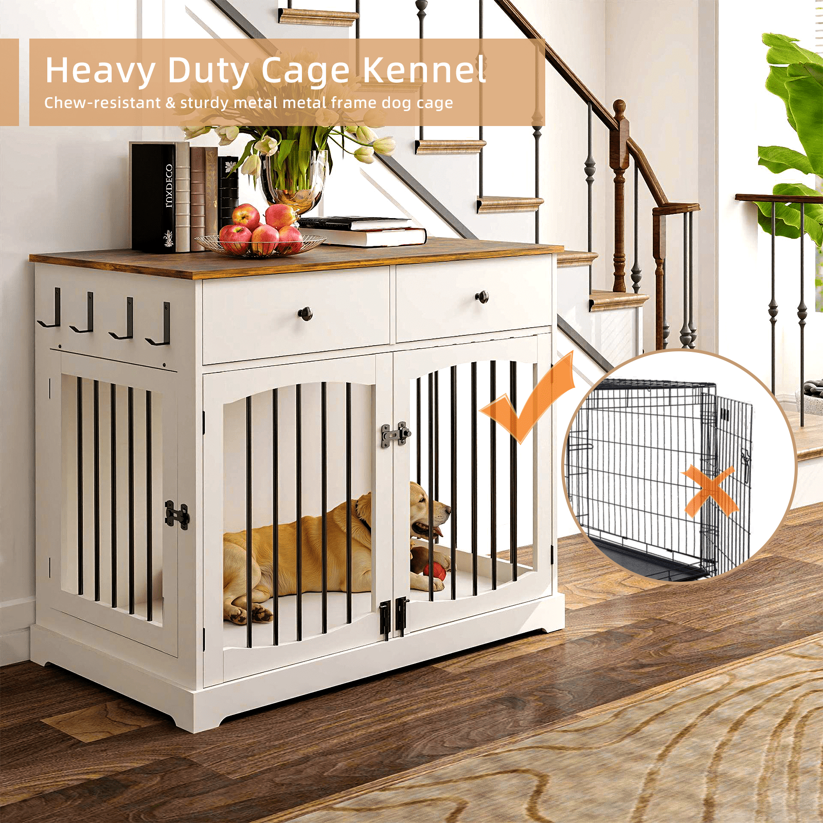 Flictozena 40 Inch Dog Crate Furniture - House Style Wooden Pet Kennel End Table with 2 Doors & Storage Drawers for Indoor Large Dogs, White