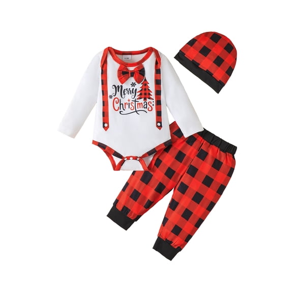 Kucnuzki Newborn Baby Boys Chrismas Outfit Sets 3-6 Months Winter Clothes Long Sleeves Romper Top Letter Print Bow Tie Bodysuit Plaid Pants with Hat 3PCS Clothing Red