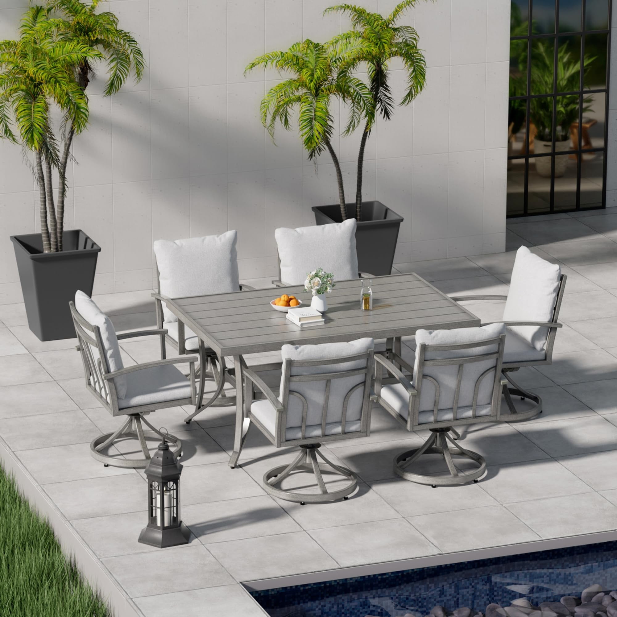 Patio Dining Table for 6 Large Rectangle Outdoor Table Aluminum Slat with Umbrella Hole All Weather for Backyard Garden Deck Poolside, Gray