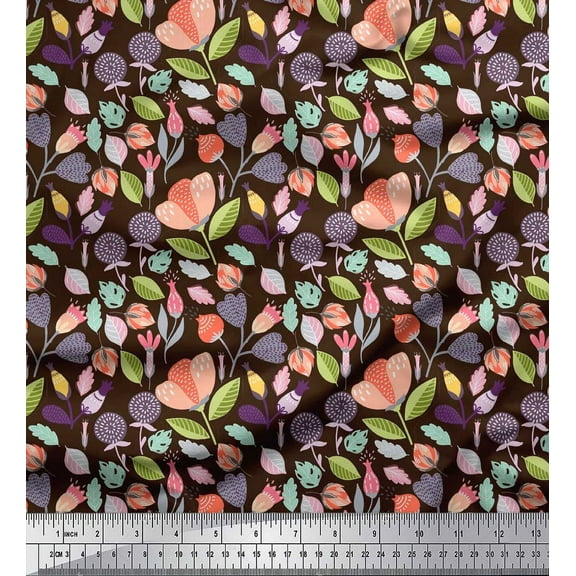 Soimoi Brown Cotton Voile Fabric Leaves & Floral Clip Art Printed Craft Fabric by the Yard 42 Inch Wide