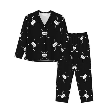 2 Piece Womens Pajama Sets - cool hockey Stick puck black white Soft Sleepwear Comfy Pajamas Ladies Pj Lounge Sets with Pockets  Long Sleeve Button Shirt and Pajama Pants Pjs Sets for Women