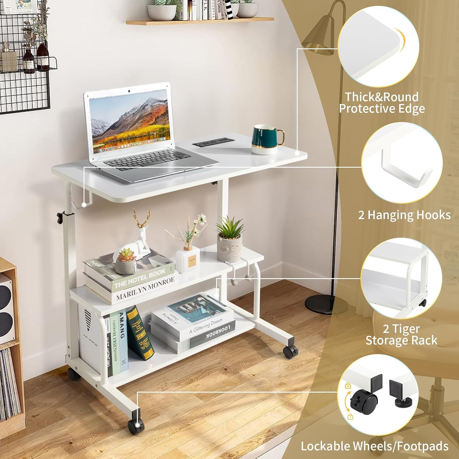 FCH 31.5" Mobile Small Standing Desk, Adjustable Height Mobile Computer Desk, w/2 AC Outlets + 3 USB Ports & Hooks, Storage Shelves, Suitable for Gaming, Studying, Home Office, White