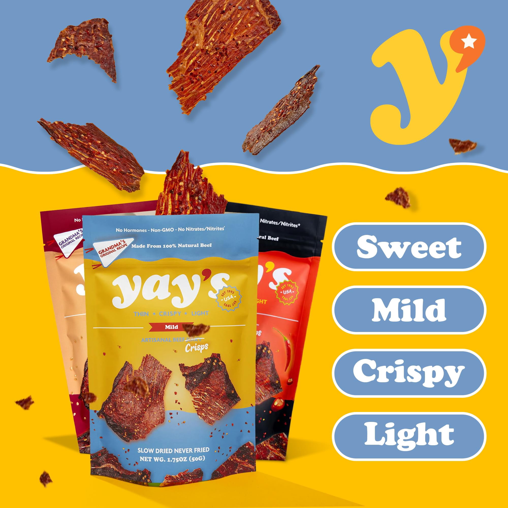 Yay's Snacks Sweet and Spicy Beef Crisps | High-Protein Ready-to-Eat Crispy Crunchy Chipped beef | Mild, Spicy, Teriyaki beef jerky snack packs, Non-GMO Healthy Meat Snack, Made in USA (1.75 oz) each