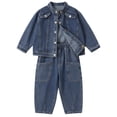 thumbnail image 4 of FINALGANG Boys Girls Kids Two Piece Denim Set Long Sleeve Button Down Jacket Elastic Waist Pants With Patch Pockets Casual Jeans Set For Toddler Daily Wear Stylish Outfit, 4 of 6