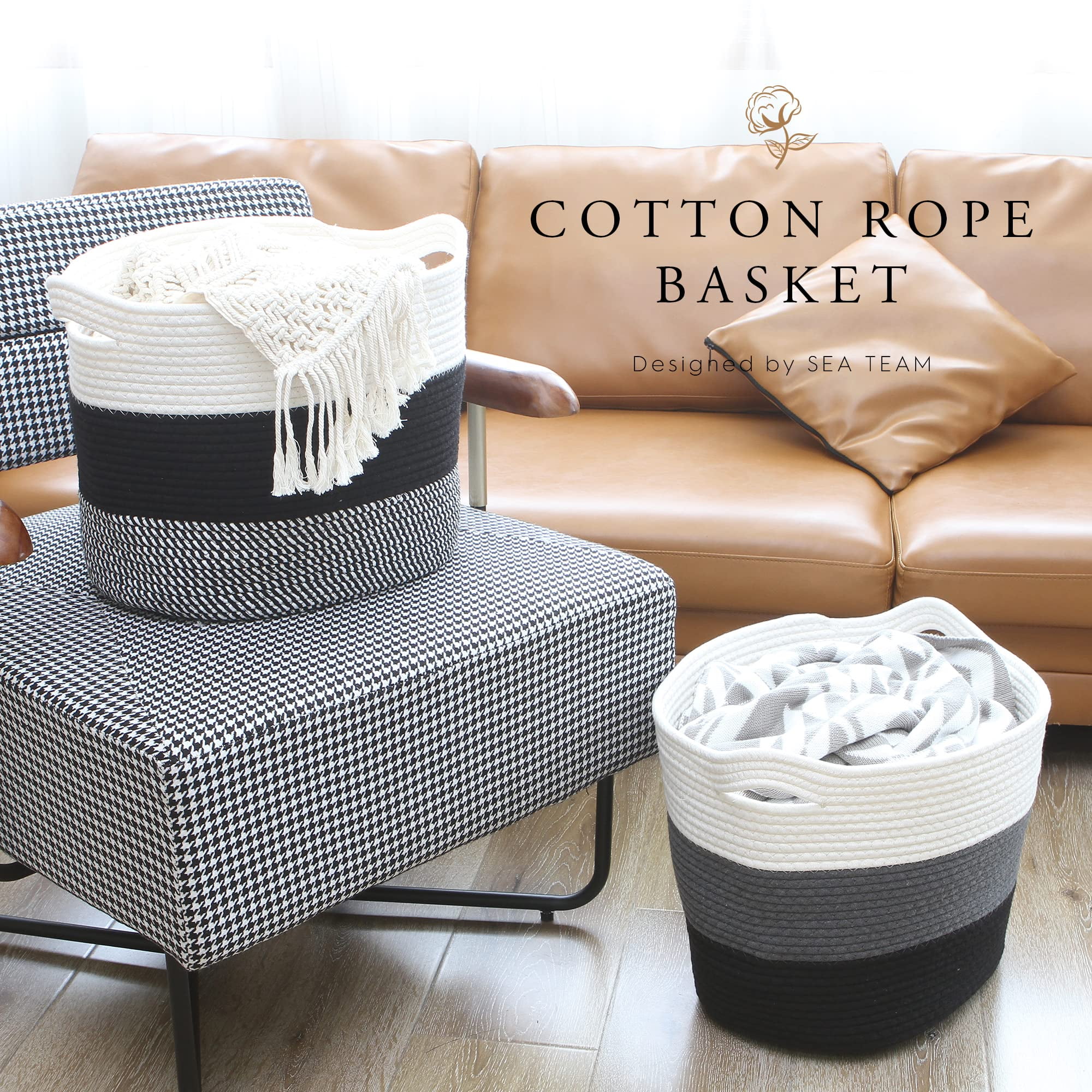 Sea Team Oval Cotton Rope Woven Storage Basket with Handles, 16 x 13 inches, White & Black