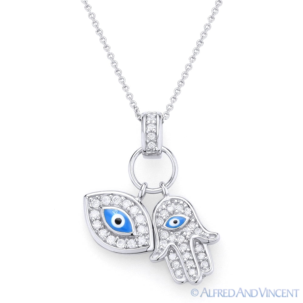 Pink Opal & Cubic Zirconia Hand of Hamsa .925 Sterling Silver Pendant Necklace 