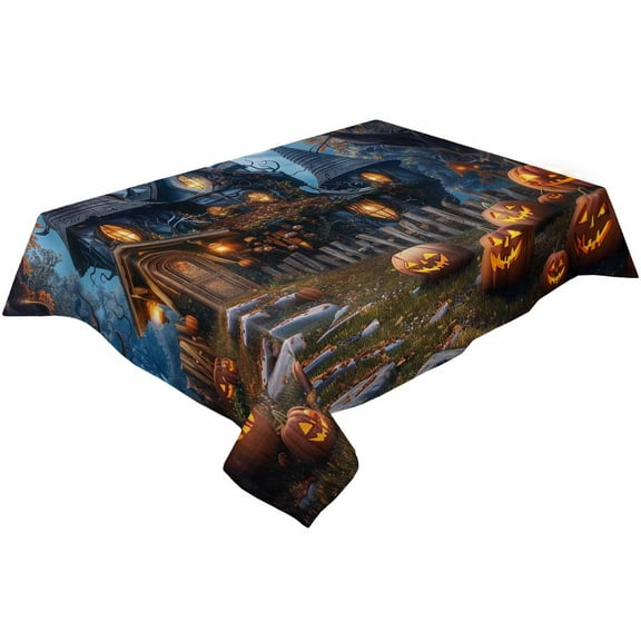 Halloween Rectangle Tablecloths 54x79,Forest Ghost Pumpkin Castle Vintage Cottage Table Cloth Table Cover Indoor/Outdoor Tabletop Decor for Wedding Holiday Party Dinner Baby Shower