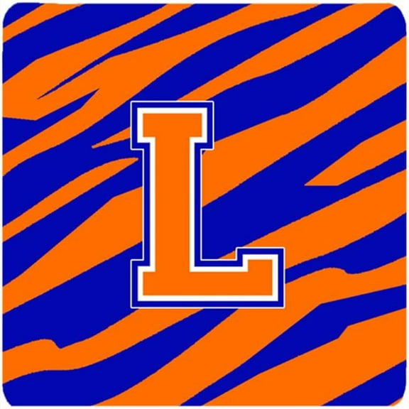 Monogram - Tiger Stripe - Blue Orange Foam Coasters, Initial Letter L - Set 4, 3.5 x 3.5 In.