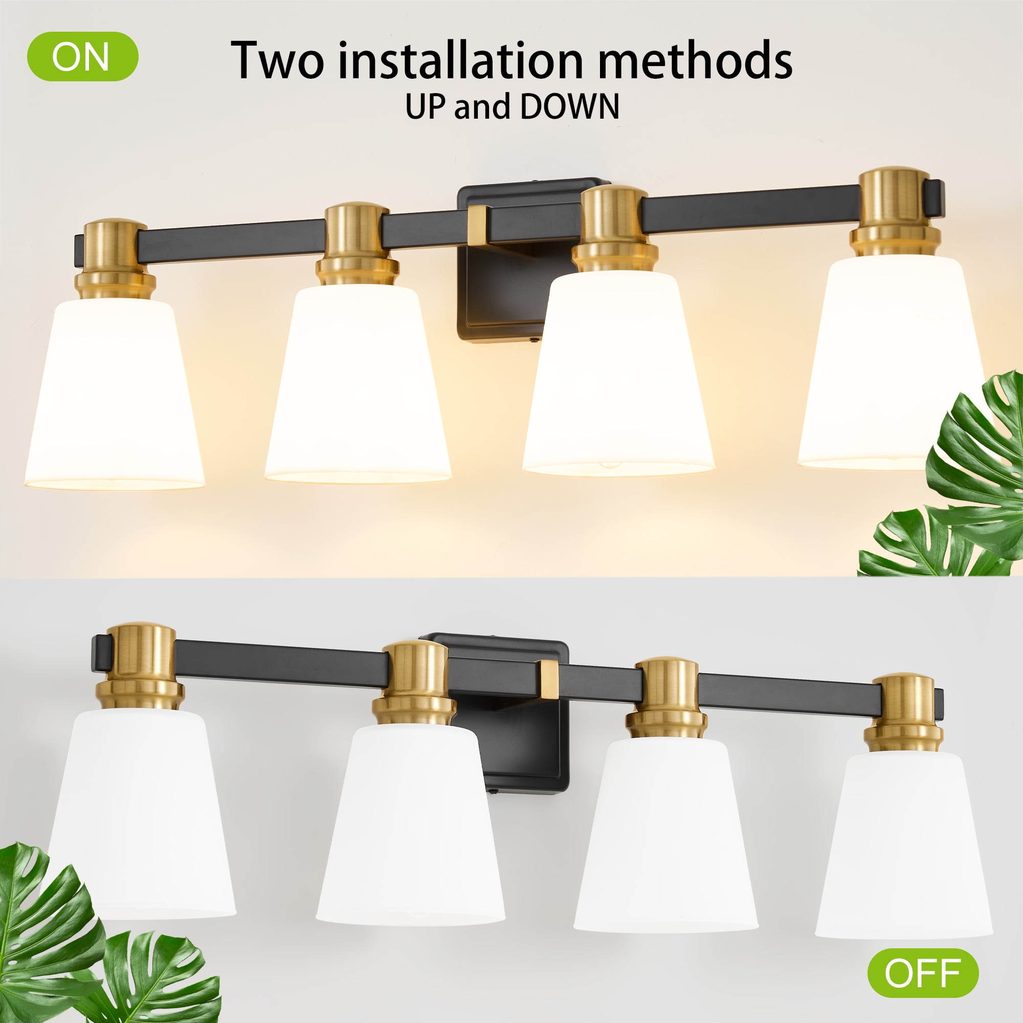 Deyidn 30" 4-Light Vanity Light, Black Gold Dimmable Bathroom Light Fixture with Milk White Cone Shades for Modern Farmhouse