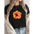thumbnail image 1 of Women's Vibrant Floral Graphic Print T-Shirt, Short Sleeve Crew Neck Casual Top in Green with Orange & Pink Flower Design, Lightweight Polyester for Summer & Spring, Ladies T Shirts, 1 of 7
