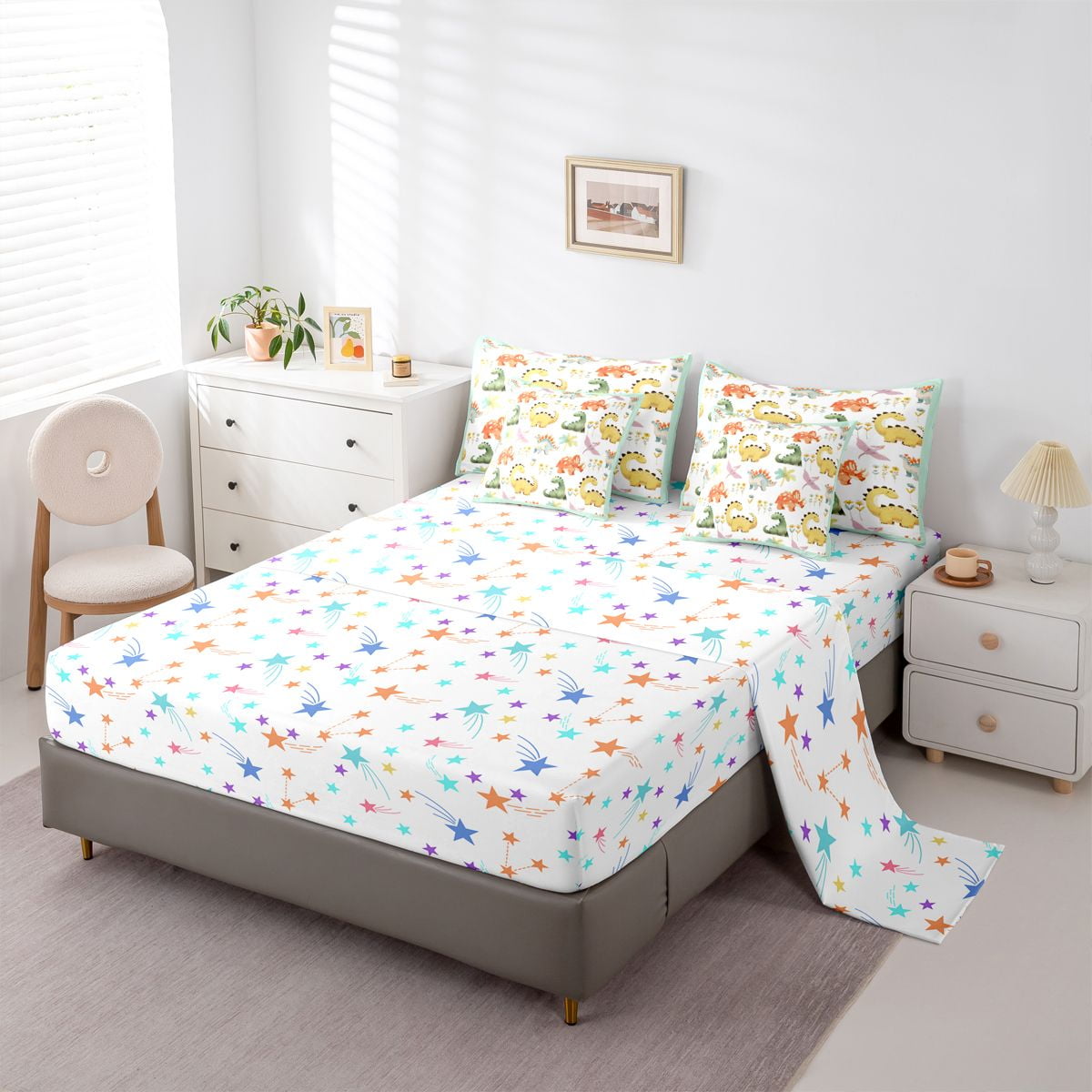 Castle Fairy Boys Girls Kawaii Dinosaurs Bedding Comforter Set 7 Pieces,Colorful Jungle Animal Full Bedding Set Lightweight,Cartoon Flowers Wildlife Fitted Sheet Flat Sheet,Super Cozy Room Decor