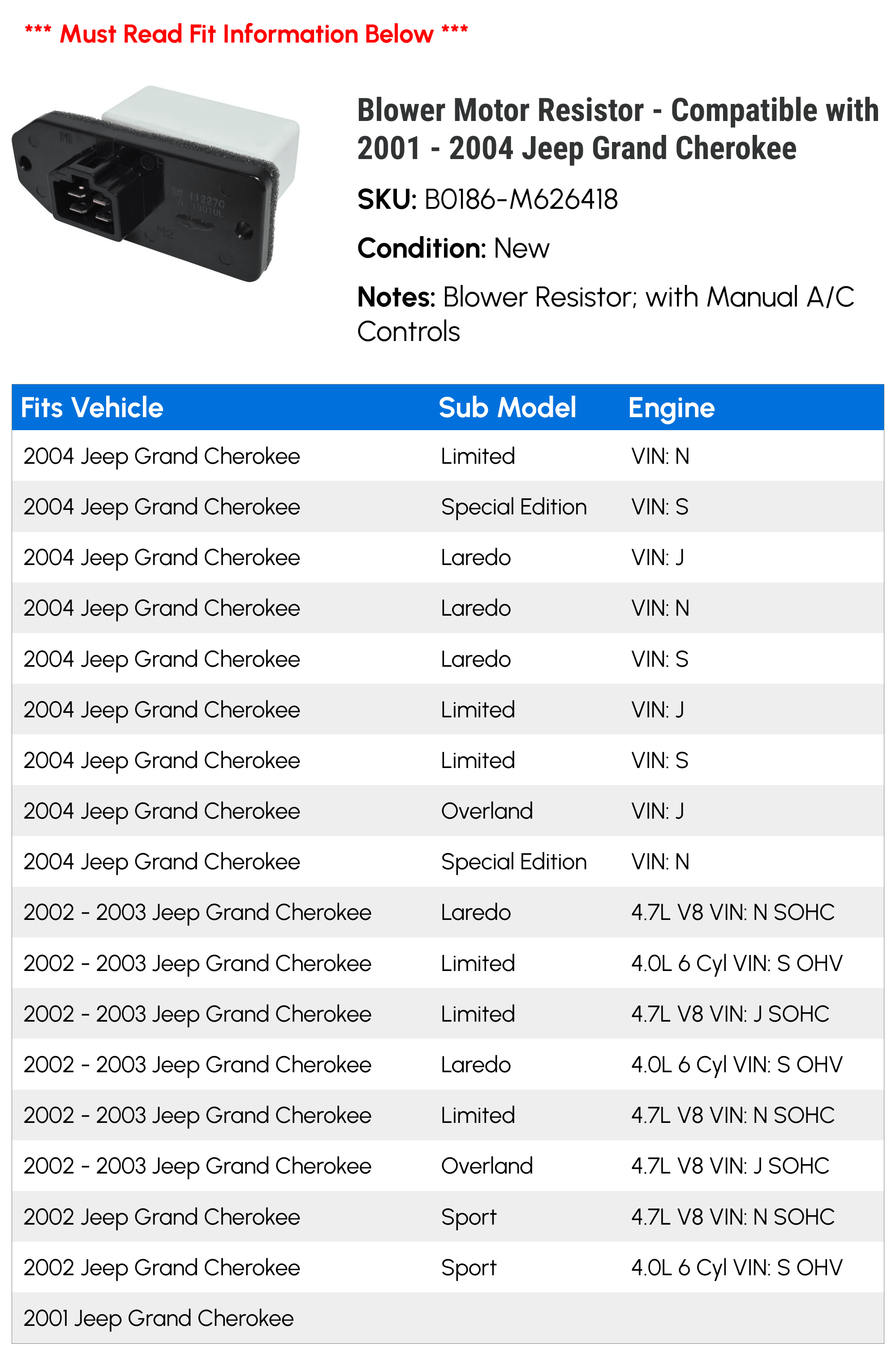 Blower Motor Resistor - Compatible with 2001 - 2004 Jeep Grand Cherokee 2002 2003