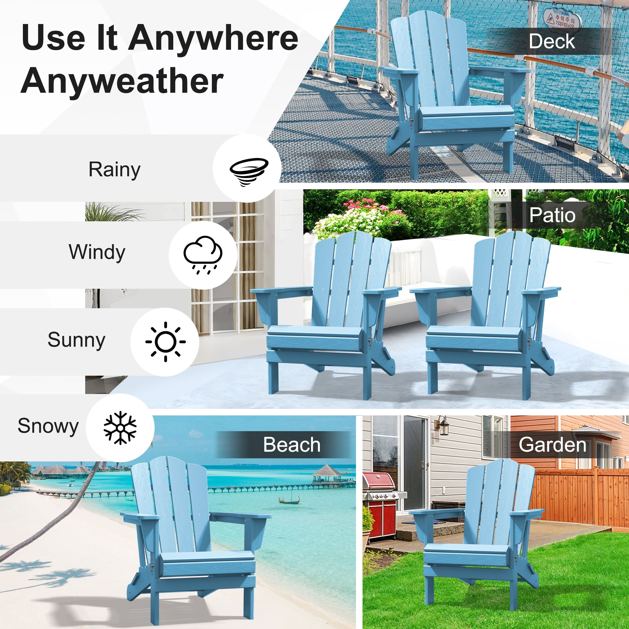 JUSTLET Adirondack Chair, Plastic Folding Outdoor Patio Chairs, Outside HDPE Chairs for Lawn, Yard, Light Blue