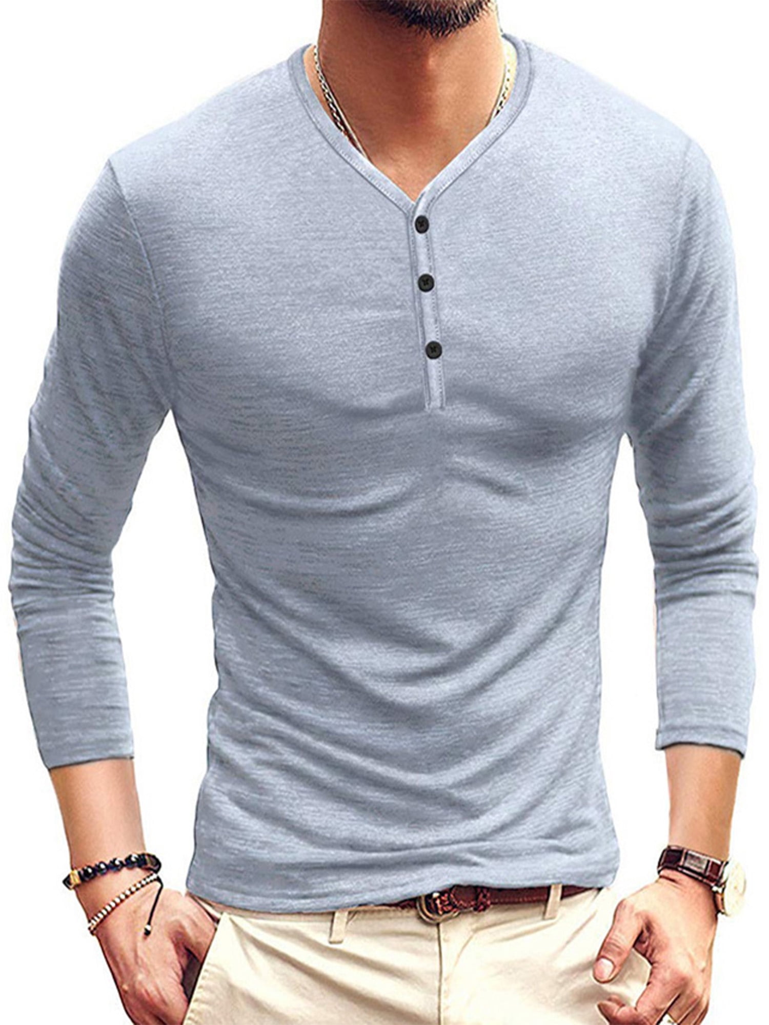 Mens Henley Long Sleeve Shirts Casual Fashion Tops Solid Color Button T-Shirt