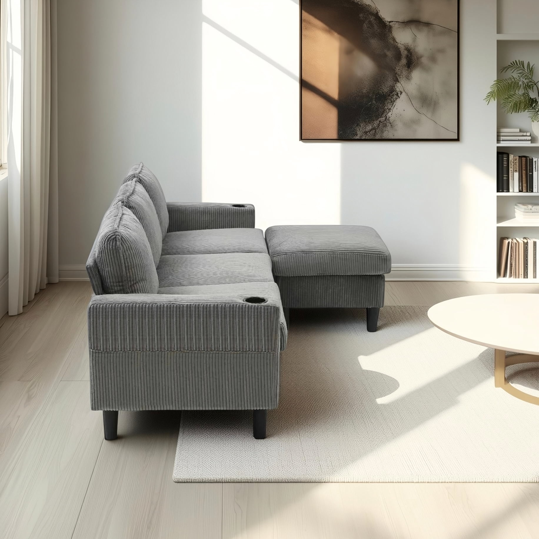 3-Seater L-Shaped Sofa in Light Grey, Features Storage Ottoman, USB Ports, Cup Holders and Magazine Pockets for Enhanced Convenience