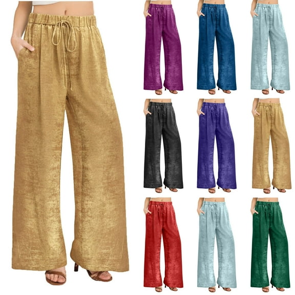 Olyvenn Women's High Elastic Waist Straight Wide Leg Pants Sequin Bling High Cut Casual Loose Pleated Party Night Out Club Wear Long Pants Black XXL