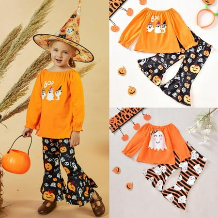 

URMAGIC Toddler Baby Girls Halloween Outfits Smiley Ghost Flare Sleeve Top Pumpkin Bell Bottom Pants Set 2-3 Years
