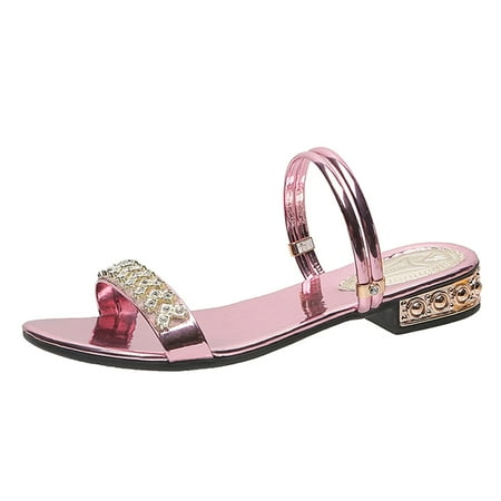 HSMQHJWE Sandals Women Heels Women s Casual Dresssy Low Wedge Summer Shoes Cute Strappy Rhinestone Open Toe Flat Sandals Pink 7)