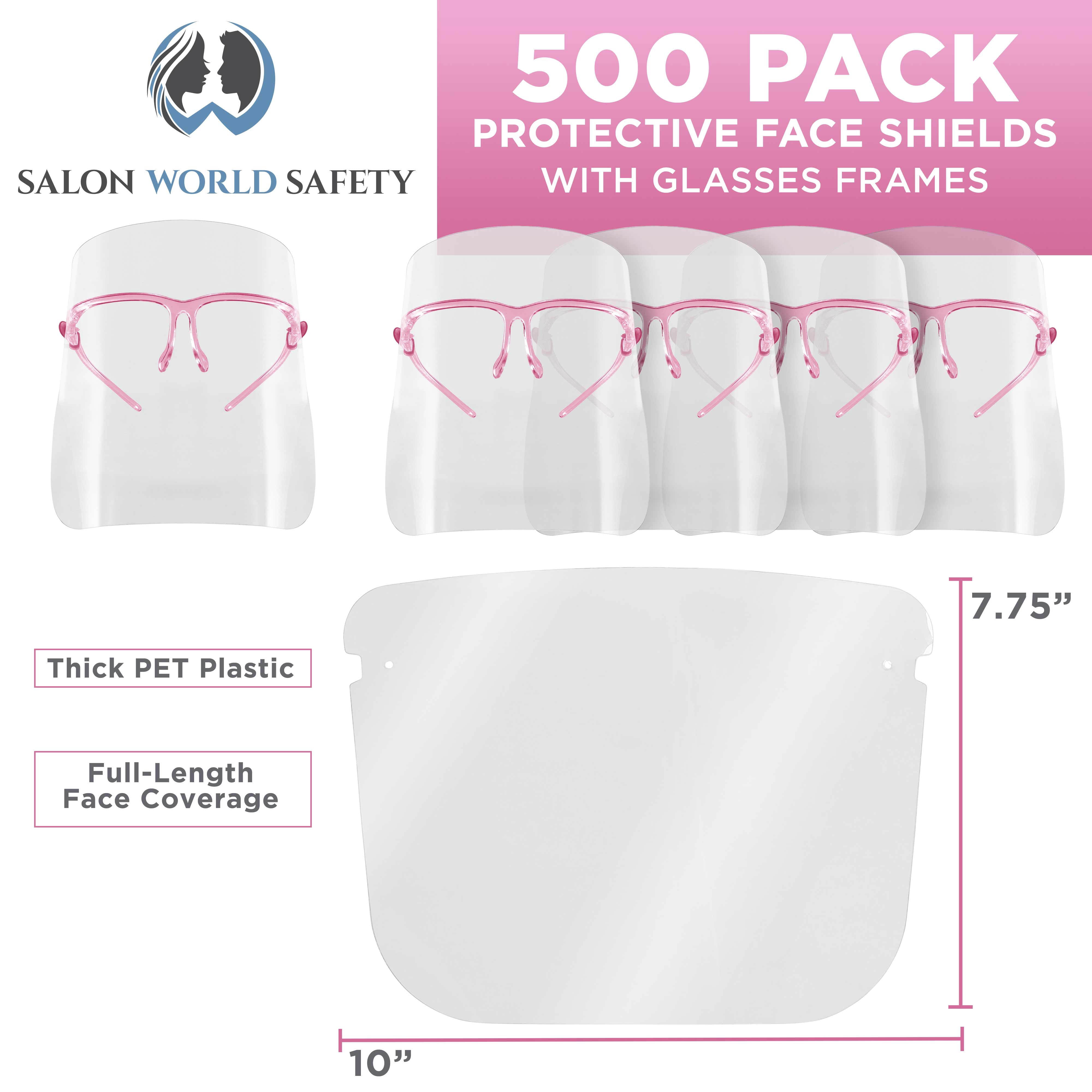 TCP Global Salon World Safety Face Shields with Pink Glasses Frames (Case of 500) - Ultra Clear Protective Full Face Shields to Protect Eyes, Nose, Mouth - Anti-Fog PET Plastic, Goggles