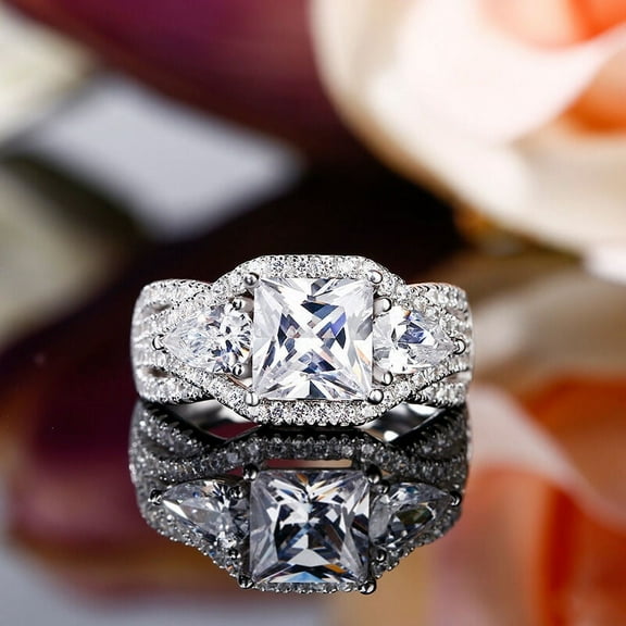 Eclet Jewels Excellent 1.9 Ct Princess Cut Lab Created Simulated Diamond Ring - 14K White Gold Plated Diamond Ring - 3 stone Vintage Diamond Rings for Her - Split Shank Engagement Diamond Ring