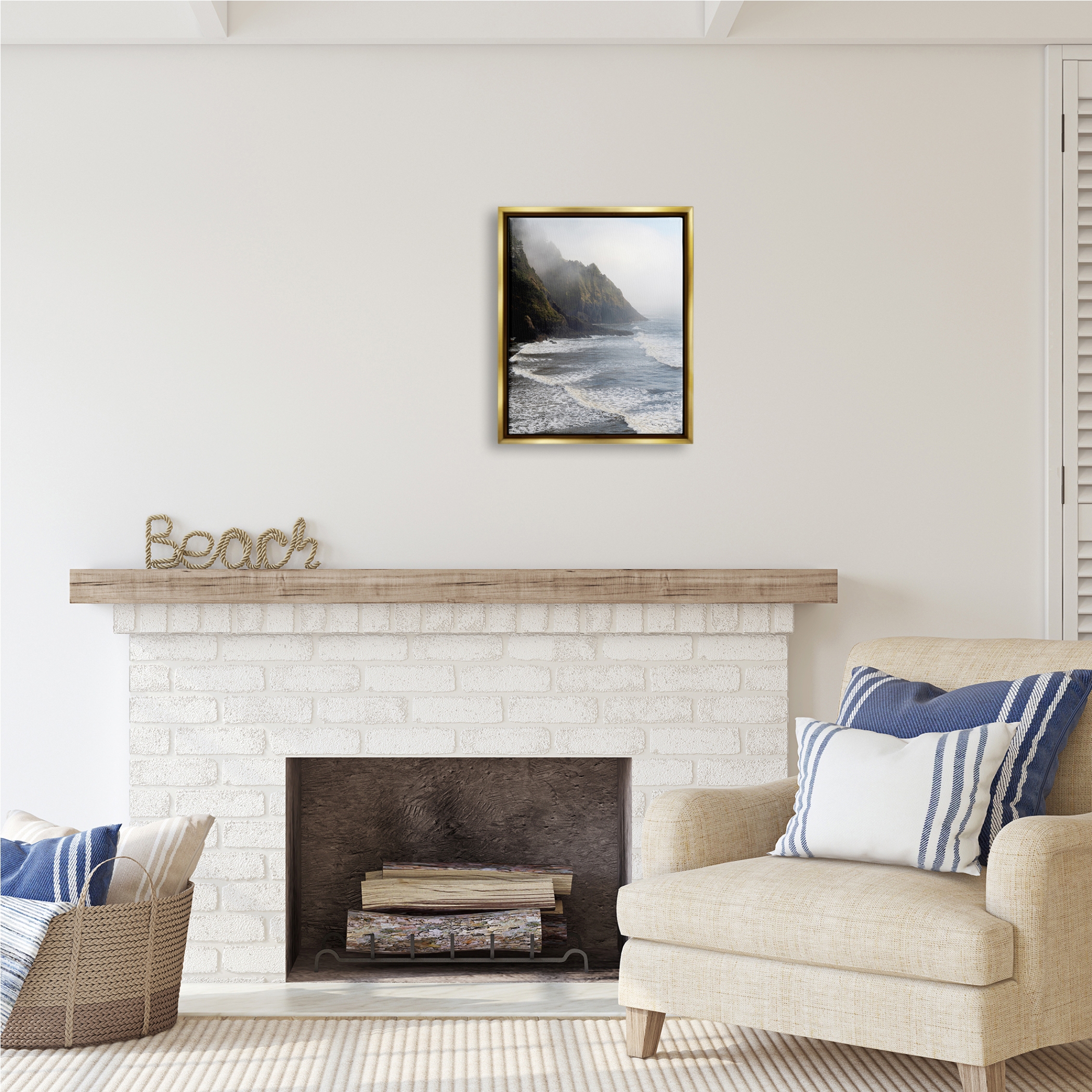 Stupell Industries Cliffside Sea Waves Landscape Nature Photography Gold Floater Framed Art Print Wall Art, 17 x 21