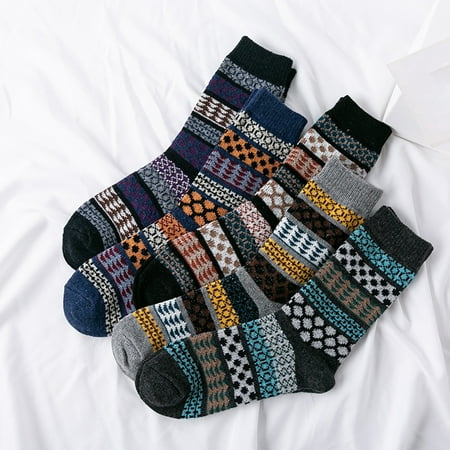 

5 Pairs Middle Tube Cold Resistant Hiking Socks Ribbed Cuffs Knitted Geometric Patterns Ethnic Print Crew Socks
