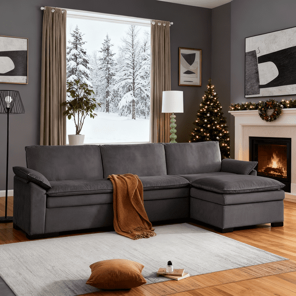 Gewnee 117.7" L - Shaped Velvet Modular Ultra Deep Seat Sectional Sofa, Super Comfy 3 -Seater with 1 Ottomans for Living Room