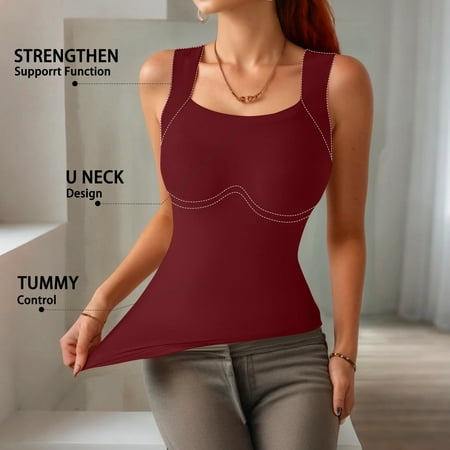 Bra Tank Tops for Women U-Neck Tummy Control Shapewear Built-In Bra Tank Babydoll Sports Shapewear Soft Office Body Shaper Wine M