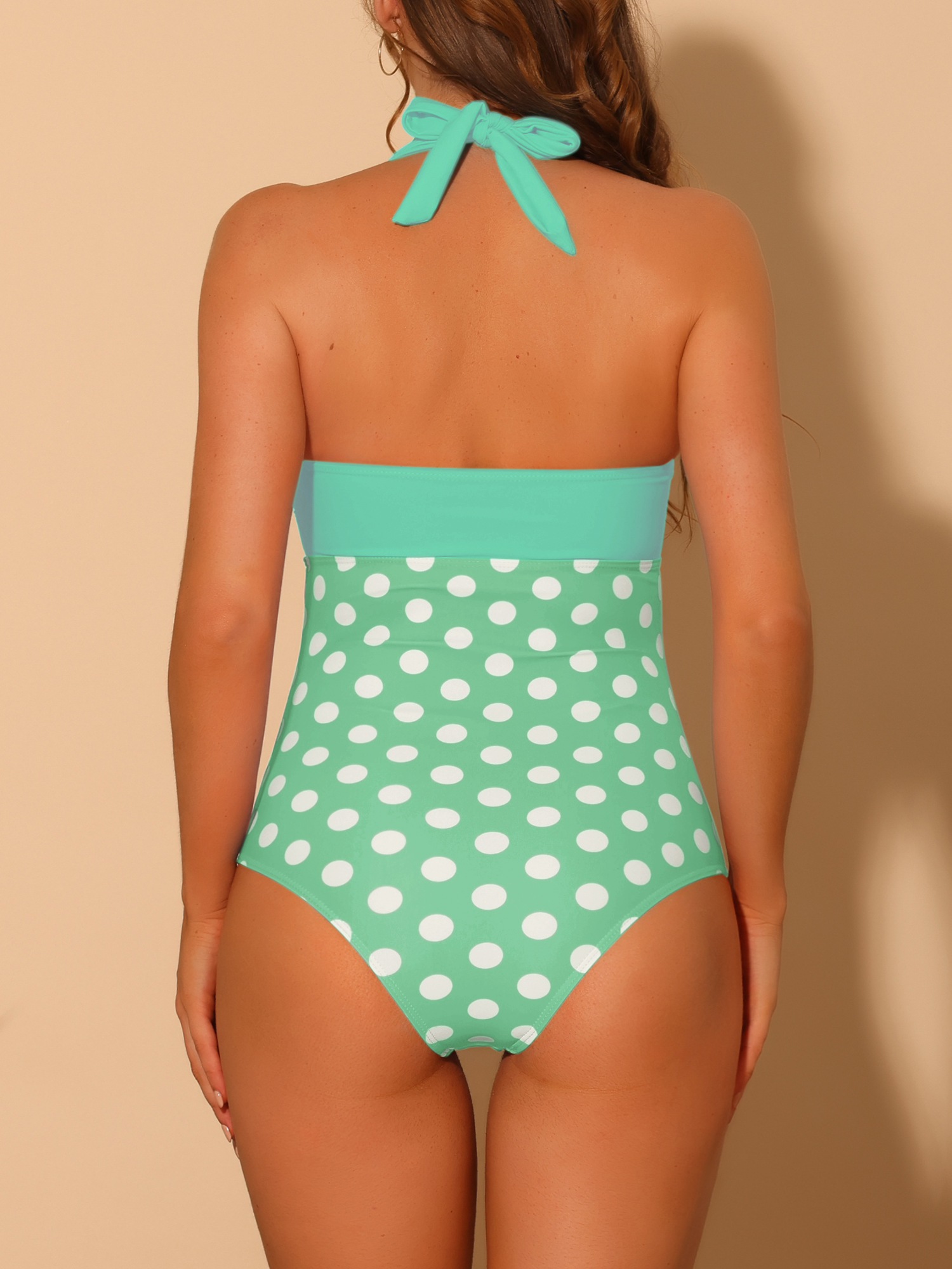 DARING DIVA Halterneck Polka Dot Tummy Control Swimsuit S Green