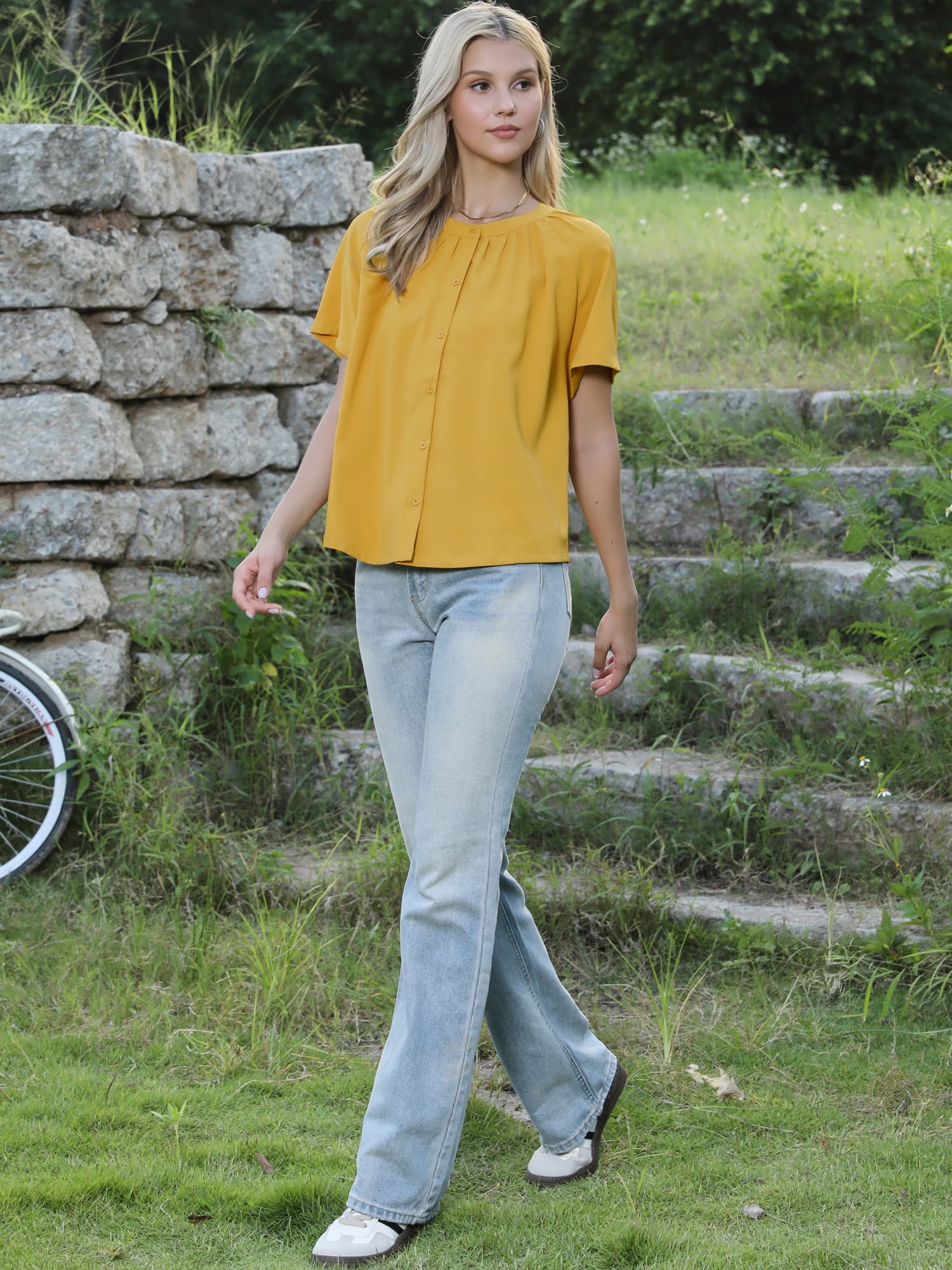 DARING DIVA Women's Button Down Short Sleeve Ruched Neck Summer Shirts S Yellow