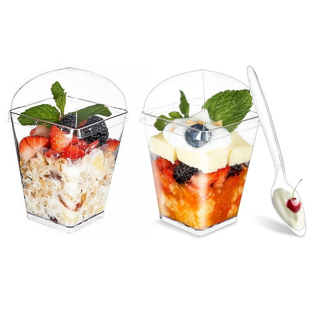 MesaSe 50Pcs Dessert Cups with 50 Spoons and 50 Lids 150ML Reusable Dessert Square Cups Washable Parfait Appetizer Cup Dessert Cup Bowl Plastic Dessert Cup for Dessert Pudding Mousse Yogu