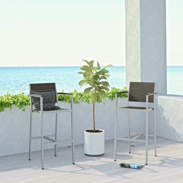 Modway Shore Outdoor Patio Aluminum Bar Stool Set of 2 in Silver Gray