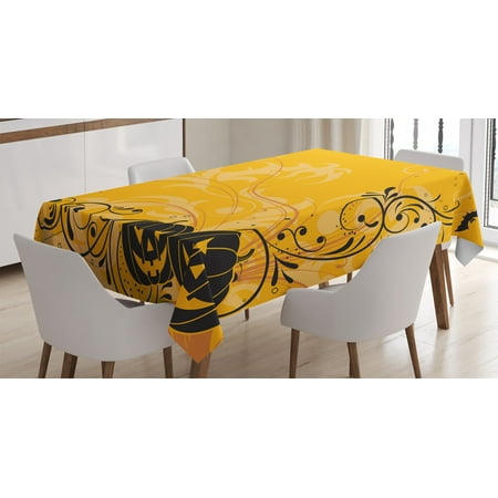

Halloween Decorations Tablecloth Carved Pumpkins with Floral Patterns Bats and Webs Horror Artwork Rectangular Table Cover for Dining Room Kitchen 60 X 84 Inches Orange Black by Ambesonne