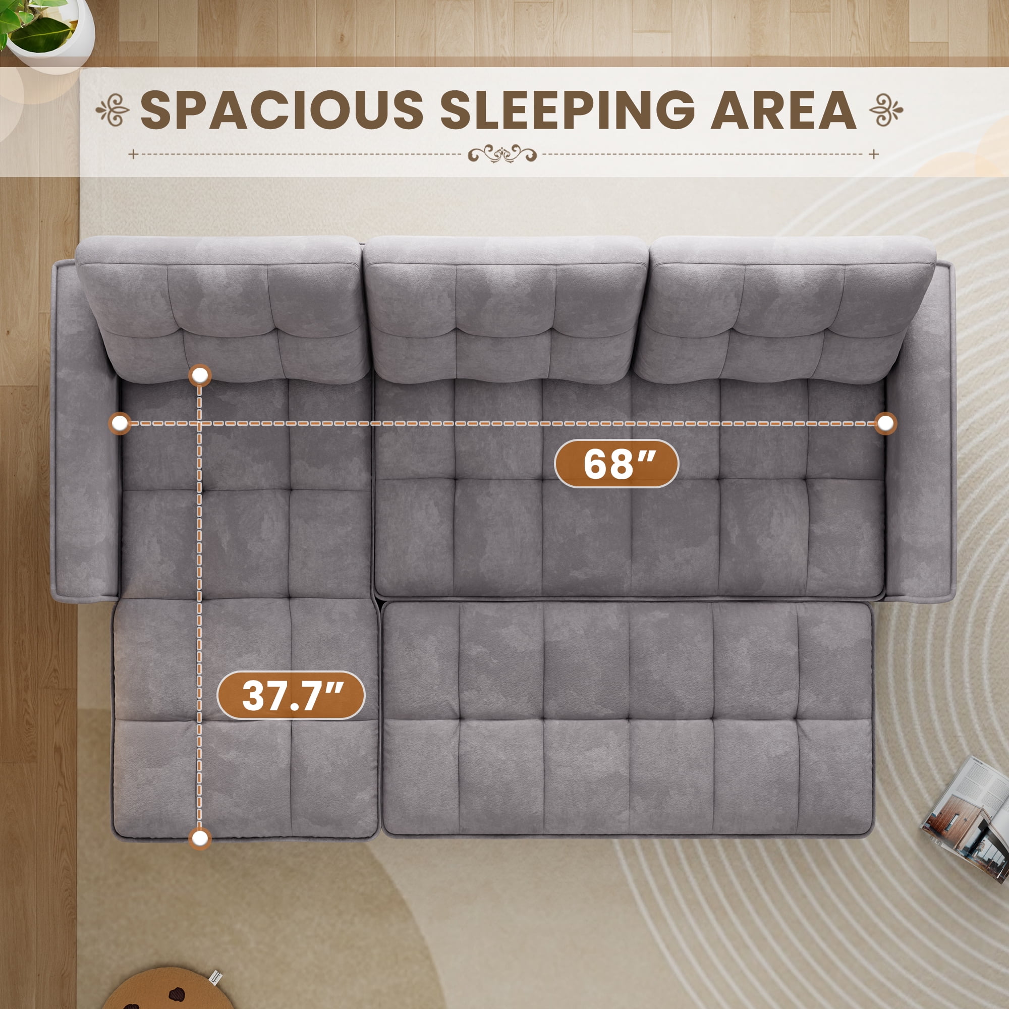 Muumblus Convertible Sofa Bed, Sectional Sleeper Sofa with Storage Chaise, L-Shaped Couch for Living Room, Dark Gray Chenille