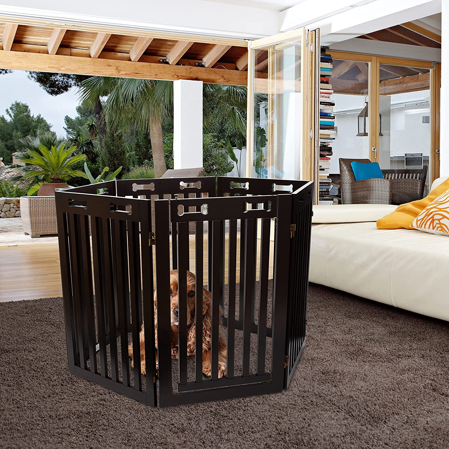 Arf Pets Indoor 6-Panel Wood Dog Gate with Door, 360° Configurable Pet Fence