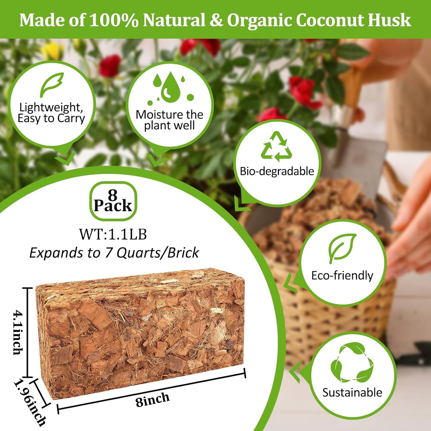 8 Pack Coco Chips Substrate for Plants- 8.8lb 100% Organic Coconut Husk Brick with Low EC and pH Balanced, High Expansion Coconut Substrate Coco Husk Mulch for Garden Flowers, Herbs, Planting