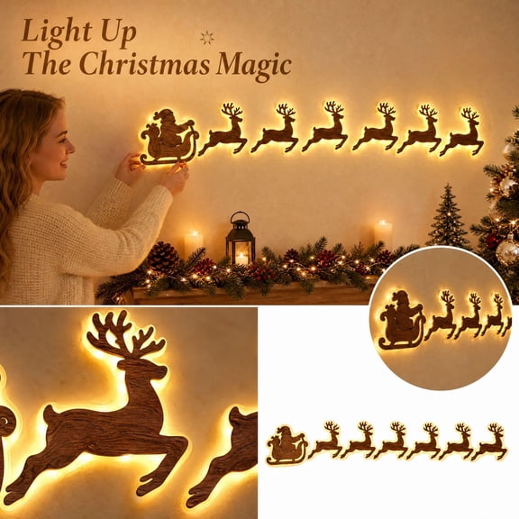 7pc Illuminated Wooden Reindeer Sleigh Wall Decor, Clearance! Christmas Lighted Santa Sleigh with Cozy LED Backlight, Festive Light Up Wall Hanging for Holiday Home Decoration