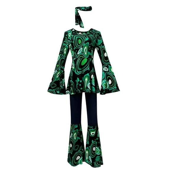 Toimothcn 70S Disco Womens Clothes Sets Casual Colorful Printed Long Sleeve Shirt Flared Pants With Hairbands 3Pcs Outfit Sets