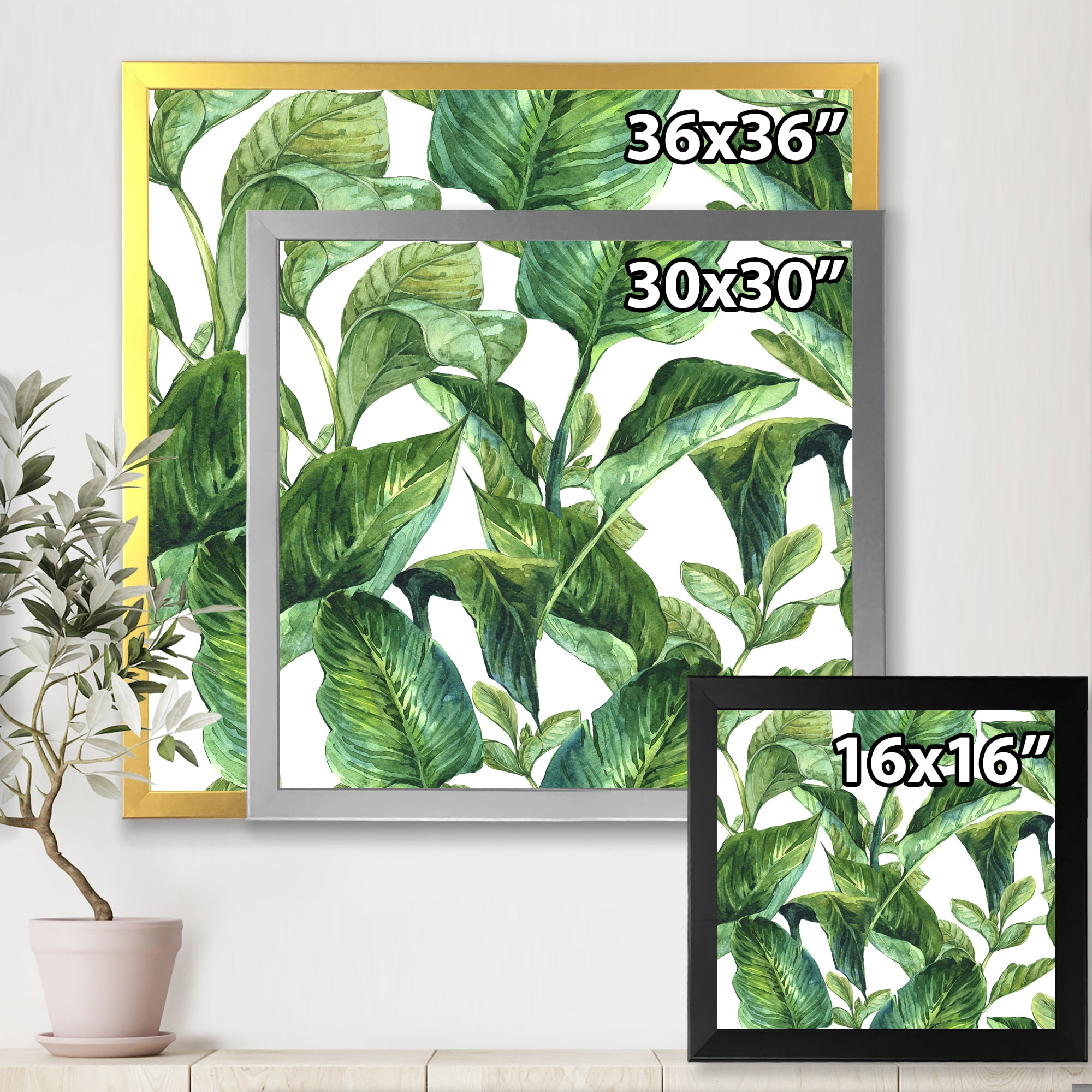 Designart 'Foliage Of Tropical Leaves On White' Tropical Framed Art Print