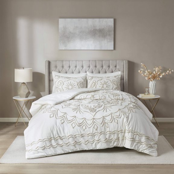 Madison Park Cotton Tufted Comforter Set with Ivory and Taupe Finish MP10-7140