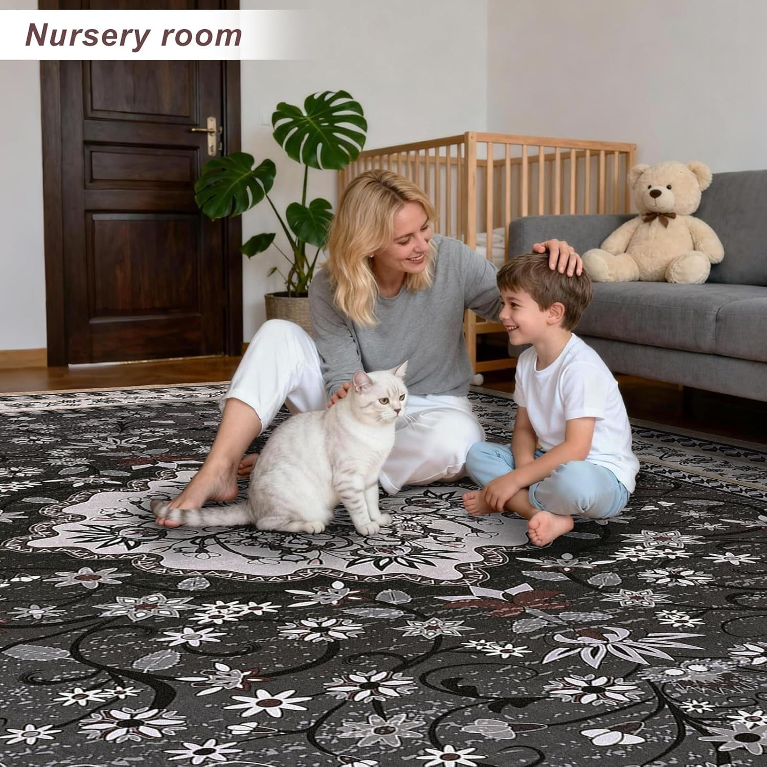 Bleum Cade Large Area Rug for Living Room, 5x7 Machine Washable Boho Rug for Bedroom, Soft Low Pile Non Slip Boho Dining Room Rug, Floral Vintage Floor Carpet for Bedroom Home Office,Black