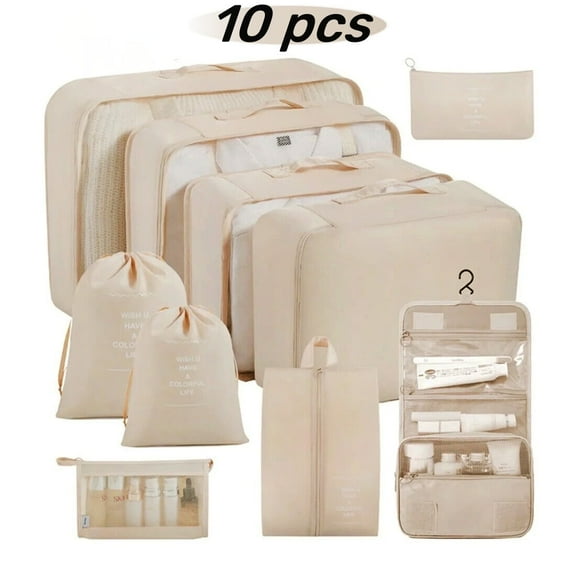 10 Pcs Set Packing Cubes, Travel Packing Organizers Travel Essentials Luggage Organizer Storage Bags Set for Suitcase Travel Accessories, Beige